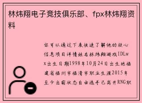 林炜翔电子竞技俱乐部、fpx林炜翔资料